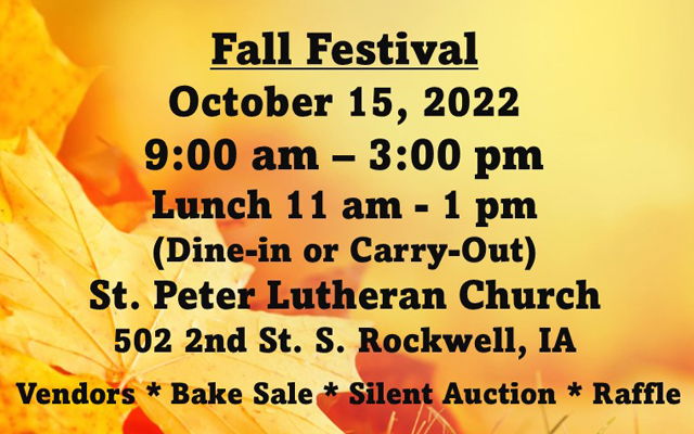<h1 class="tribe-events-single-event-title">Rockwell St Peter Lutheran Church Fall Festival</h1>